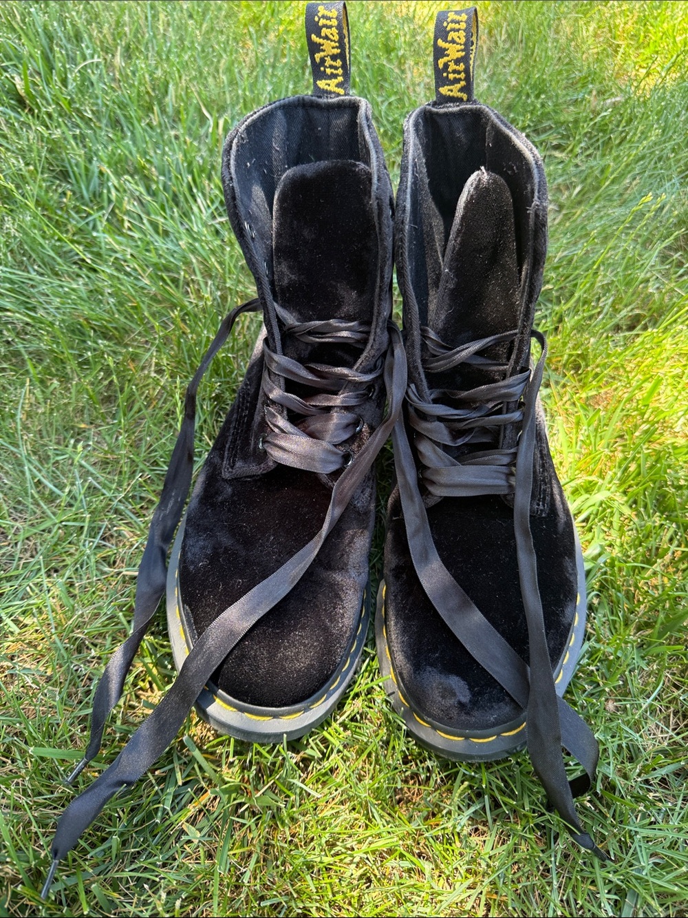 Dr. Martens Black Velvet Lace-Up Ankle Boots with Yellow Welt